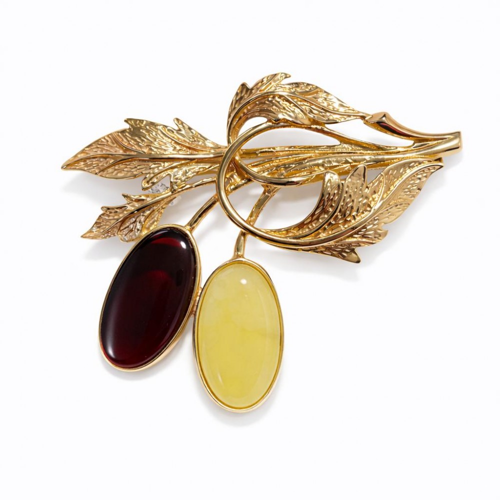Brosa Argint Placat cu Aur și Chihlimbar Cherry and Yellow Oak
