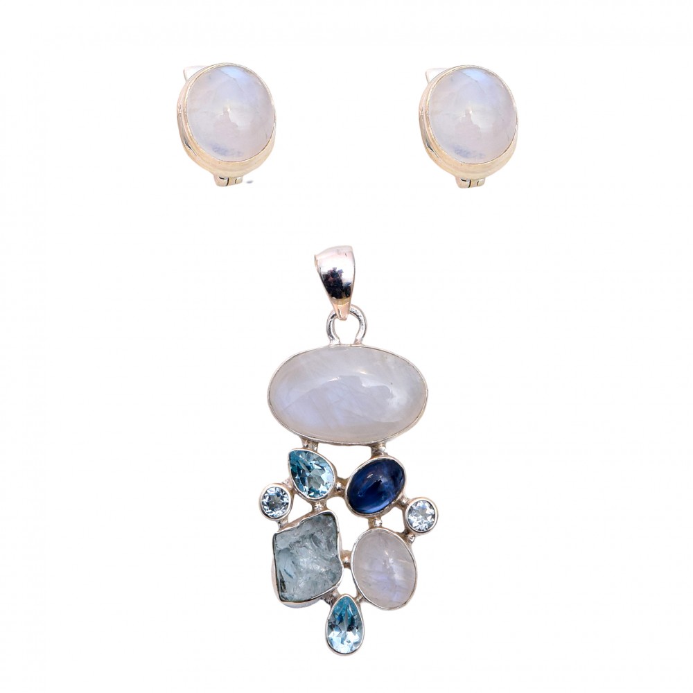 Set Argint Piatra Lunii Blue Topaz și Cianit