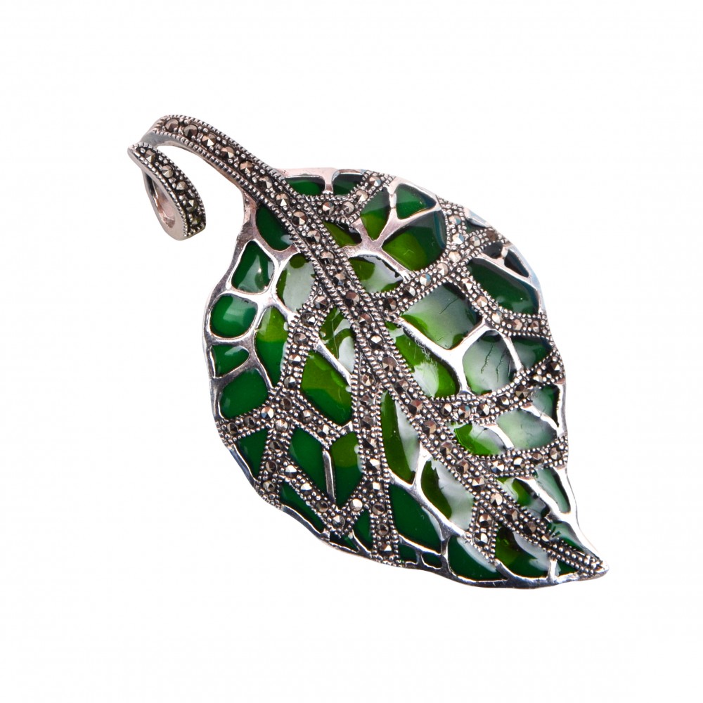 Brosa Pandantiv Argint Marcasite și Sticlă Stil Murano Vert