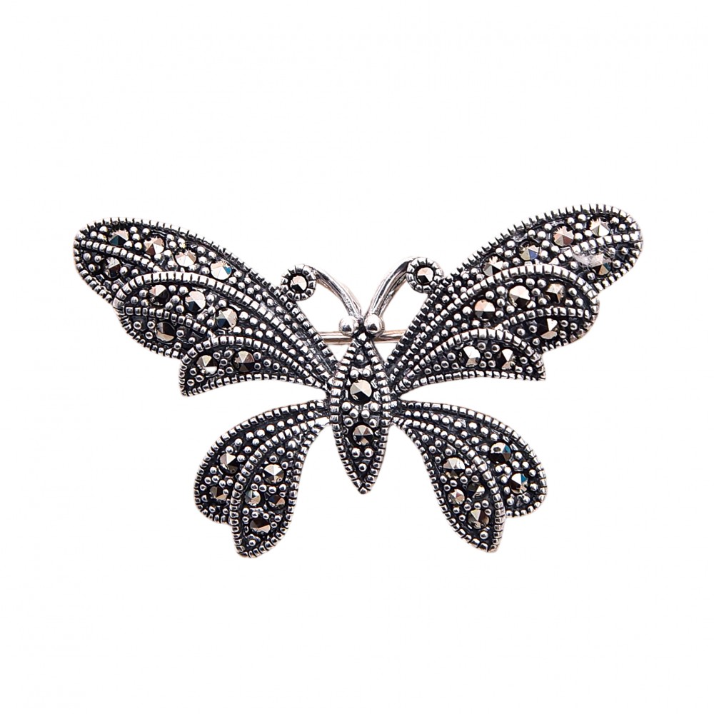 Broșă-Pandantiv din Argint cu Marcasite în Formă de Fluture în Zbor 