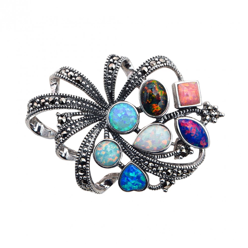 Broșă-Pandantiv din Argint cu Marcasite și Opal Imperial Multicolor