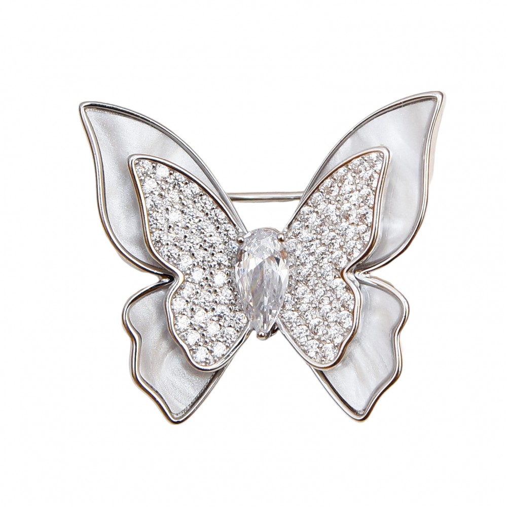 Brosa Argint Zirconii, Sidef și Perlă Butterfly