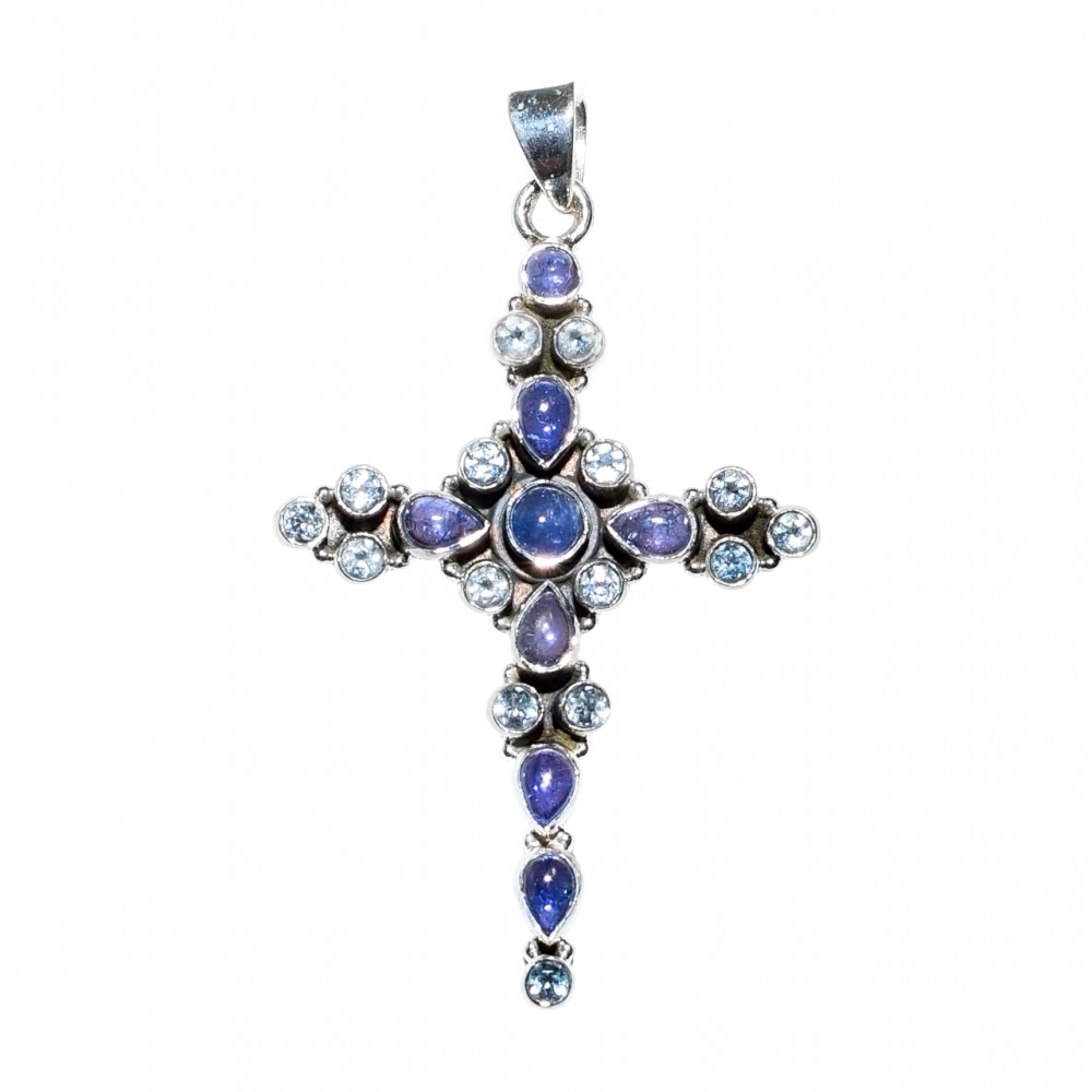 Pandantiv Argint Cruce Tanzanit si Blue Topaz