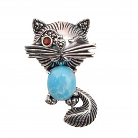 Brosa Argint Marcasite Larimar Cat