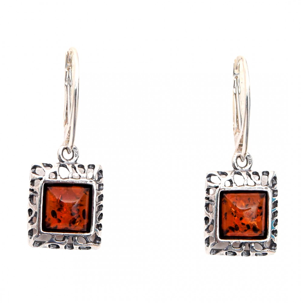 Cercei Argint Chihlimbar Cognac Amber Squares