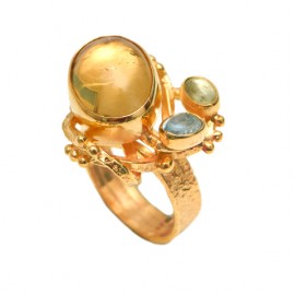 Inel Argint Placat cu Aur Citrin Blue Topaz și Turmalină Soleil