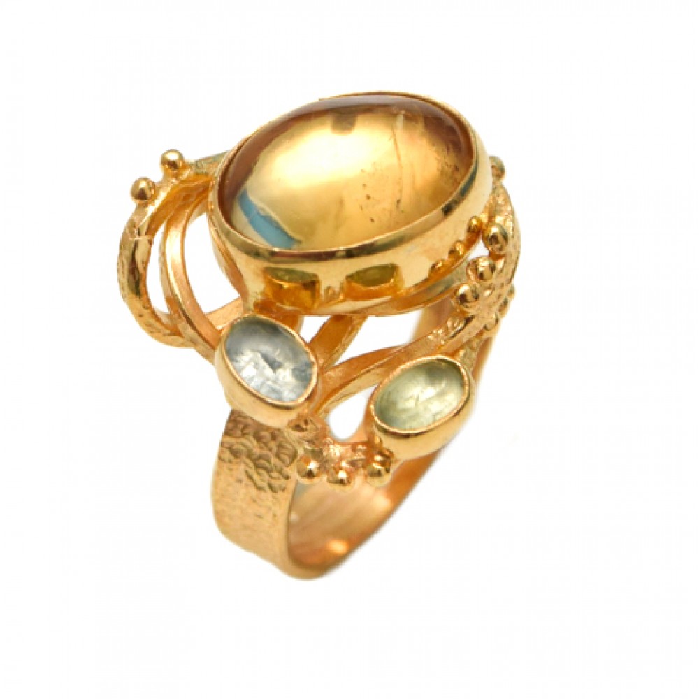 Inel Argint Placat cu Aur Citrin Blue Topaz și Turmalină Soleil