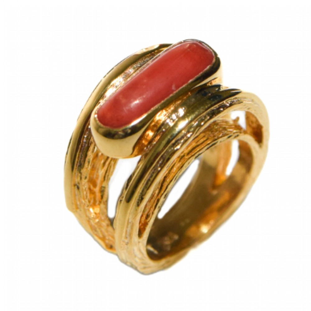 Inel Argint Placat cu Aur 18K Coral Roșu Natural Kirmizi