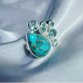 Inel Argint Turcoaz și Blue Topaz Fosette
