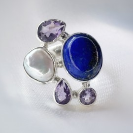 Inel Argint Lapis Lazuli Perlă și Ametiste