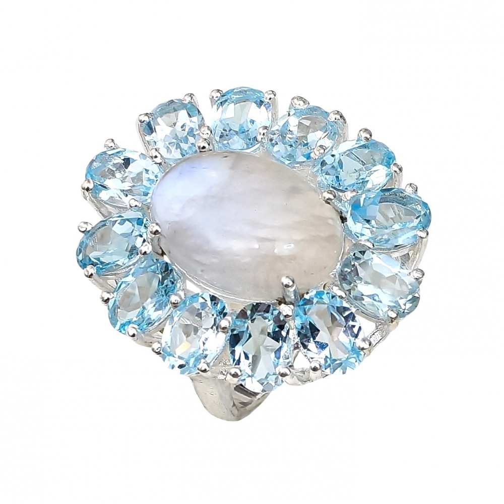 Inel Argint Blue Topaz și Piatra Lunii Kinno
