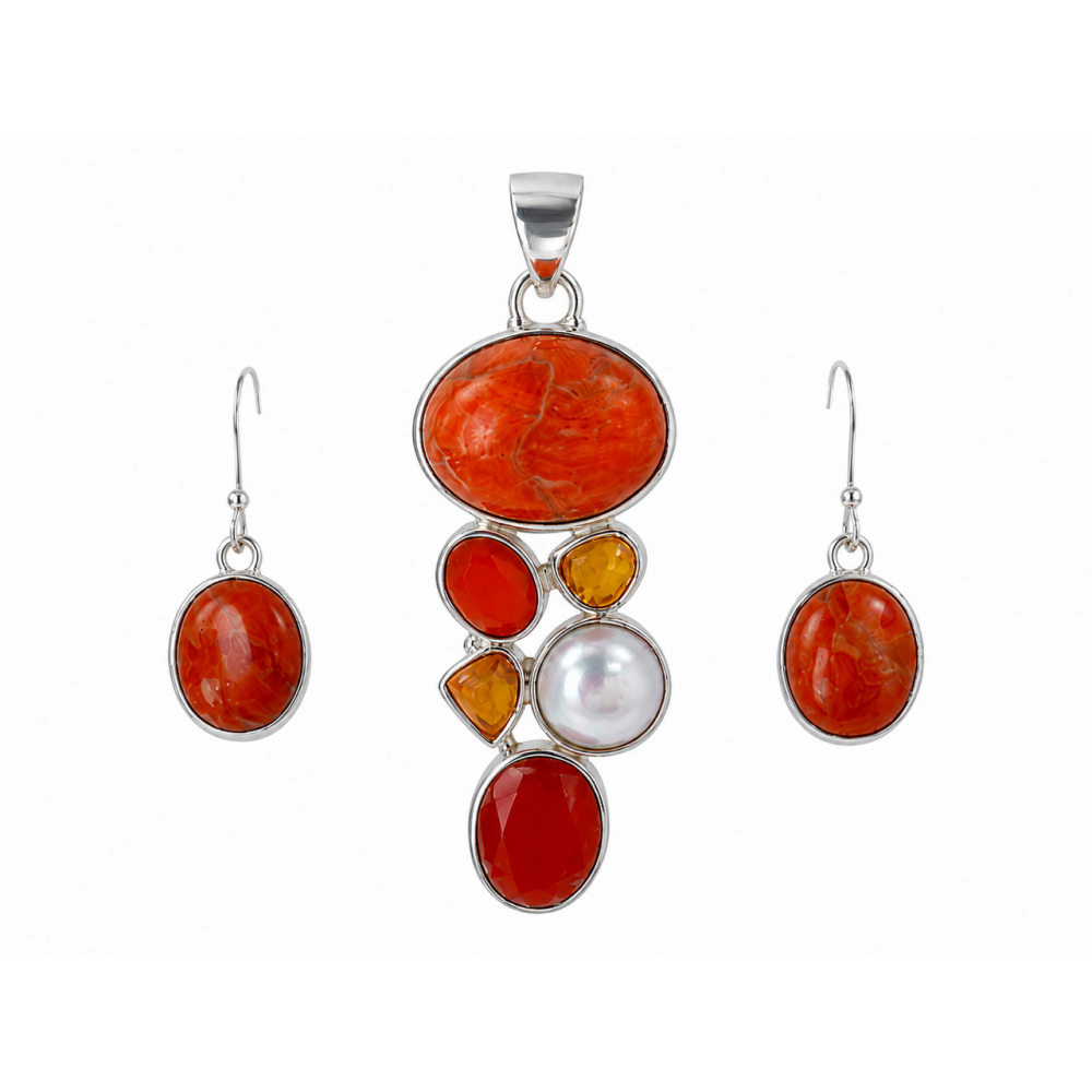 Set Bijuterii Argint Coral Natural,Carneol,Citrin brut si Perla Grazia