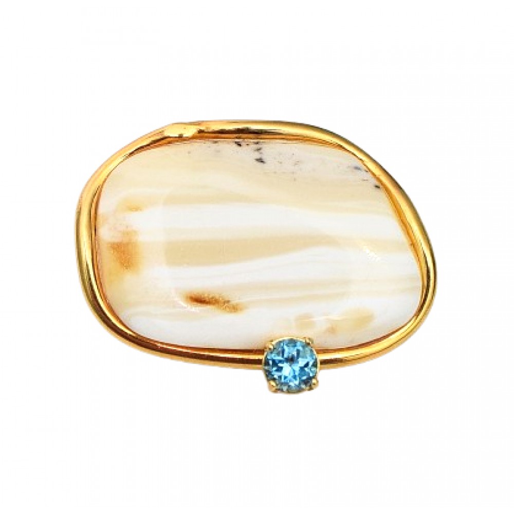 Brosa Argint Placat cu Aur,Chihlimbar Galben Unt si Blue Topaz Missa