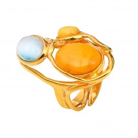 Inel Argint Placat cu Aur Chihlimbar si Larimar Laguna