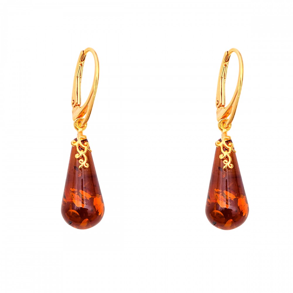 Cercei Argint Placat cu Aur cu Chihlimbar Cognac Denisse