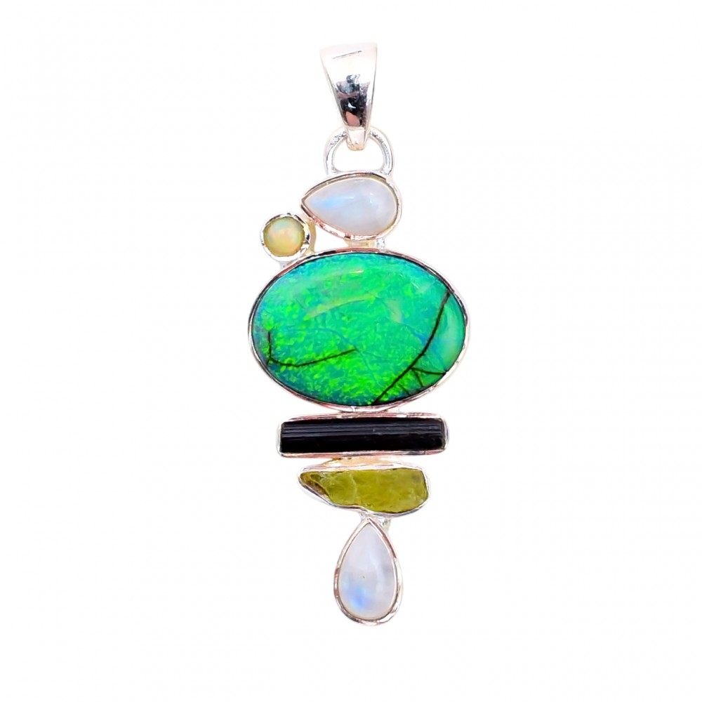 Pandantiv Argint Opal,Piatra Lunii,Turmalina si Peridot Mistery