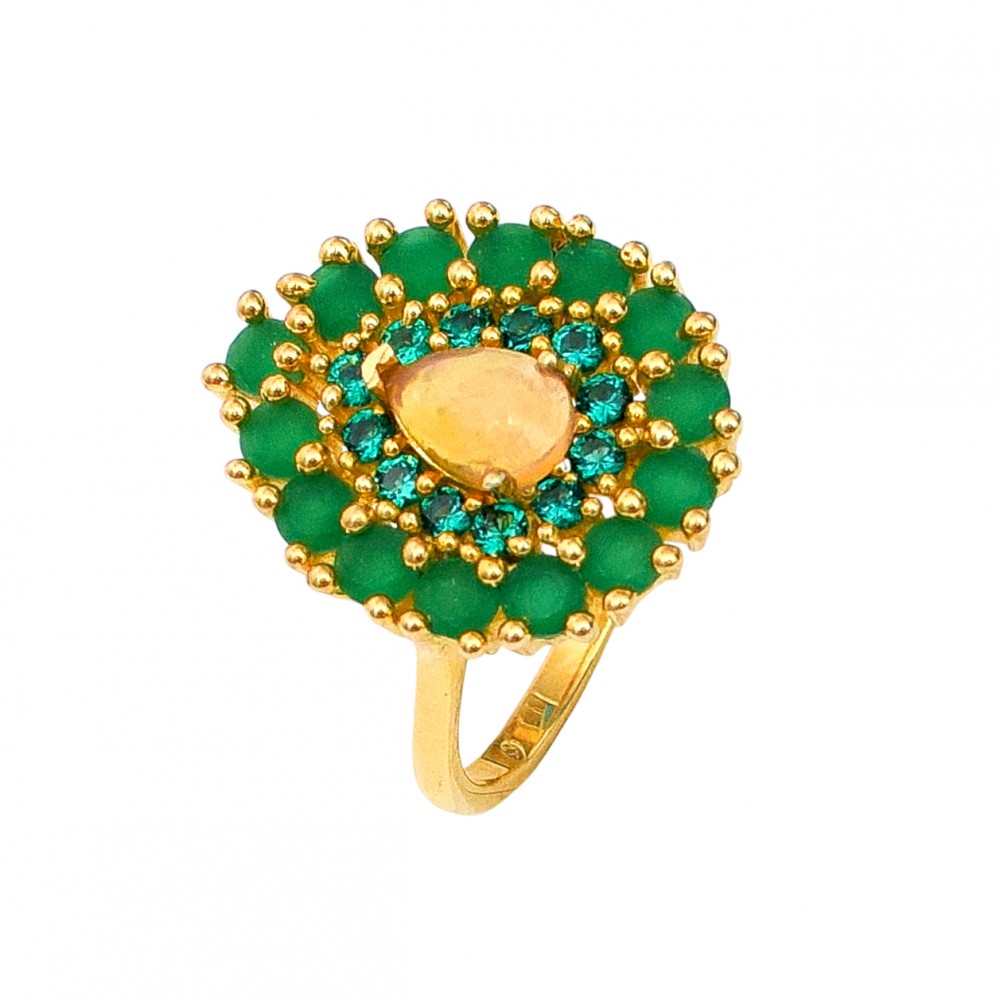 Inel Argint Placat cu Aur Opal si Jad Verde Nelya