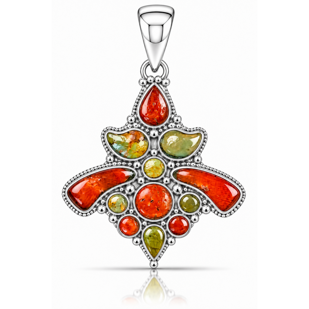 Pandantiv Argint cu Turcoaz și Coral Tibetan Amber