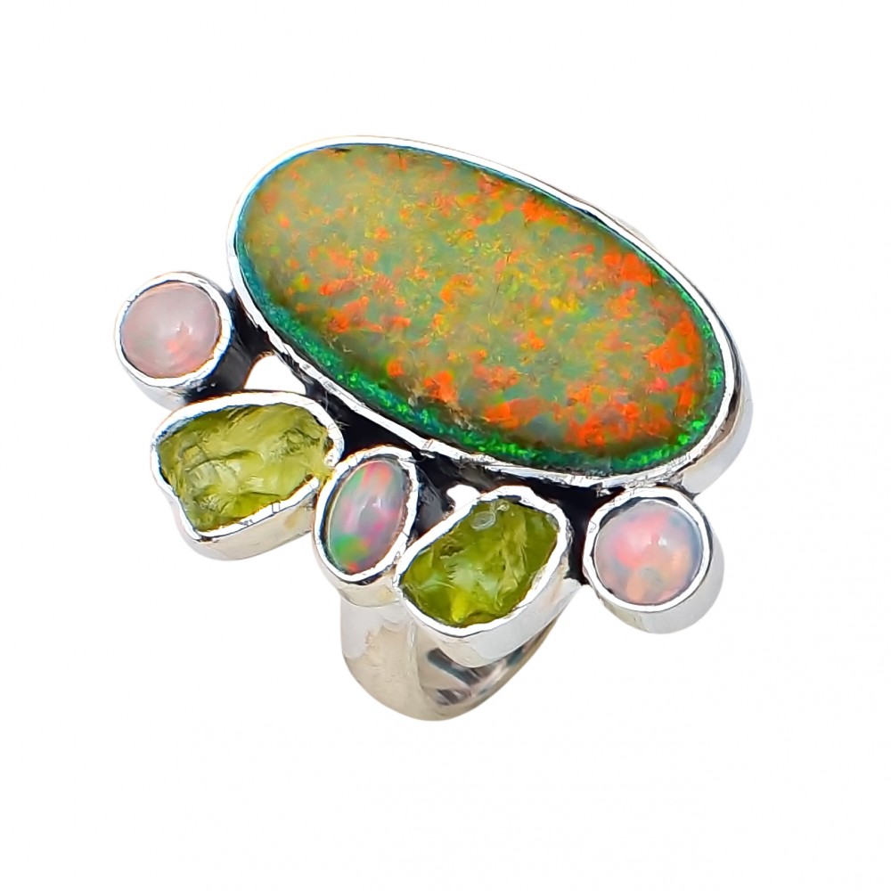 Inel Argint Opal Etiopian și Peridot Brut Amalia