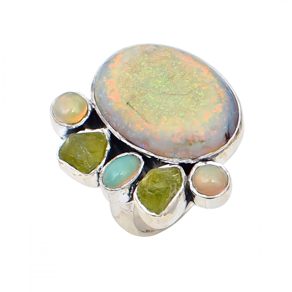 Inel Argint Opal Etiopian și Peridot Brut Ellya