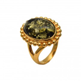 Inel Argint Placat cu Aur Chihlimbar Verde Floris