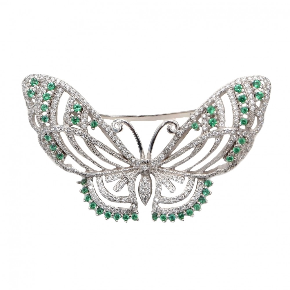 Brosa Argint Zirconii Green Butterfly