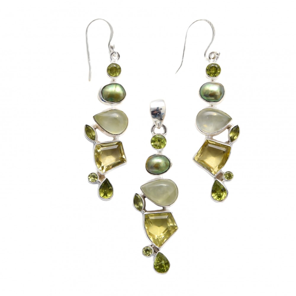 Set Argint Prehnit Lemon Cuarț Peridot Perlă Extravaganza