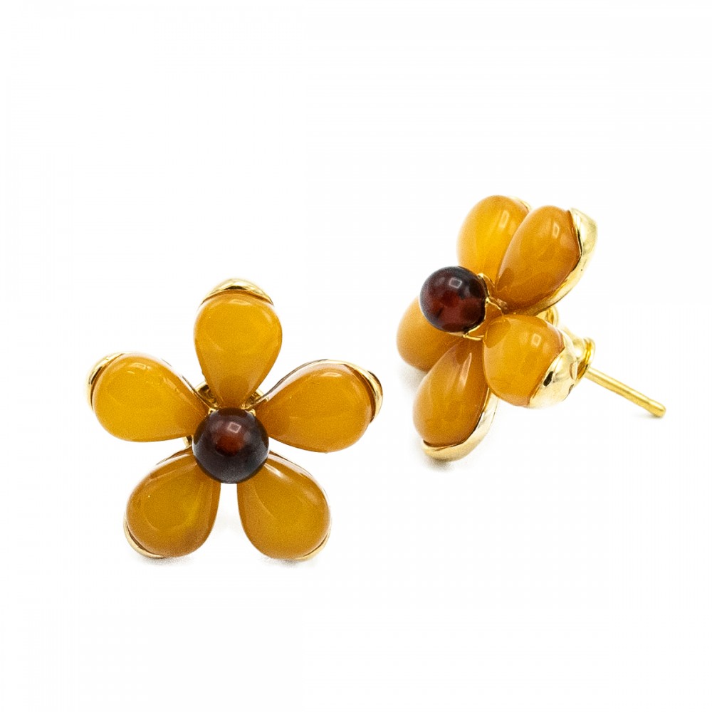 Cercei Argint Placați cu Aur și Chihlimbar Sun Flower