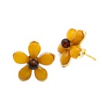 Cercei Argint Placați cu Aur și Chihlimbar Sun Flower