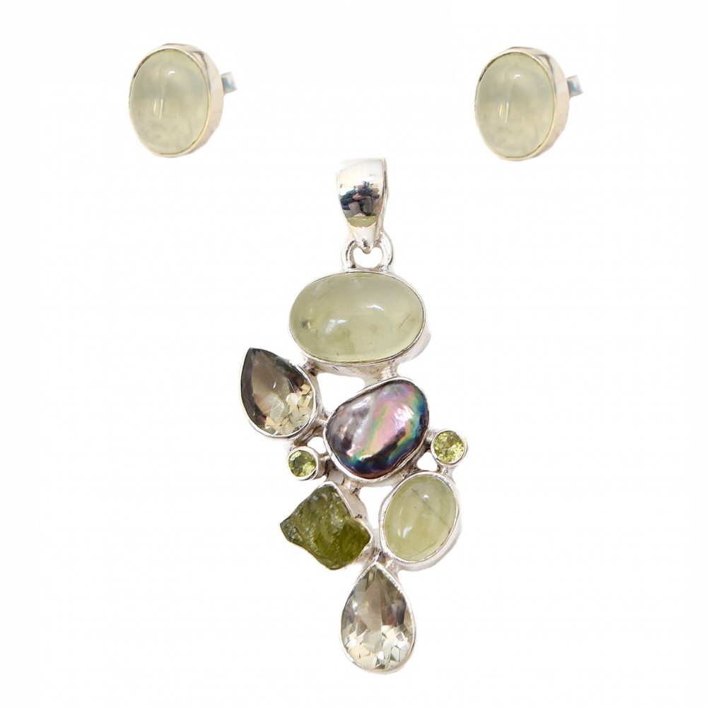Set Argint Prehnit Peridot Perlă și Ametist Verde Tibet
