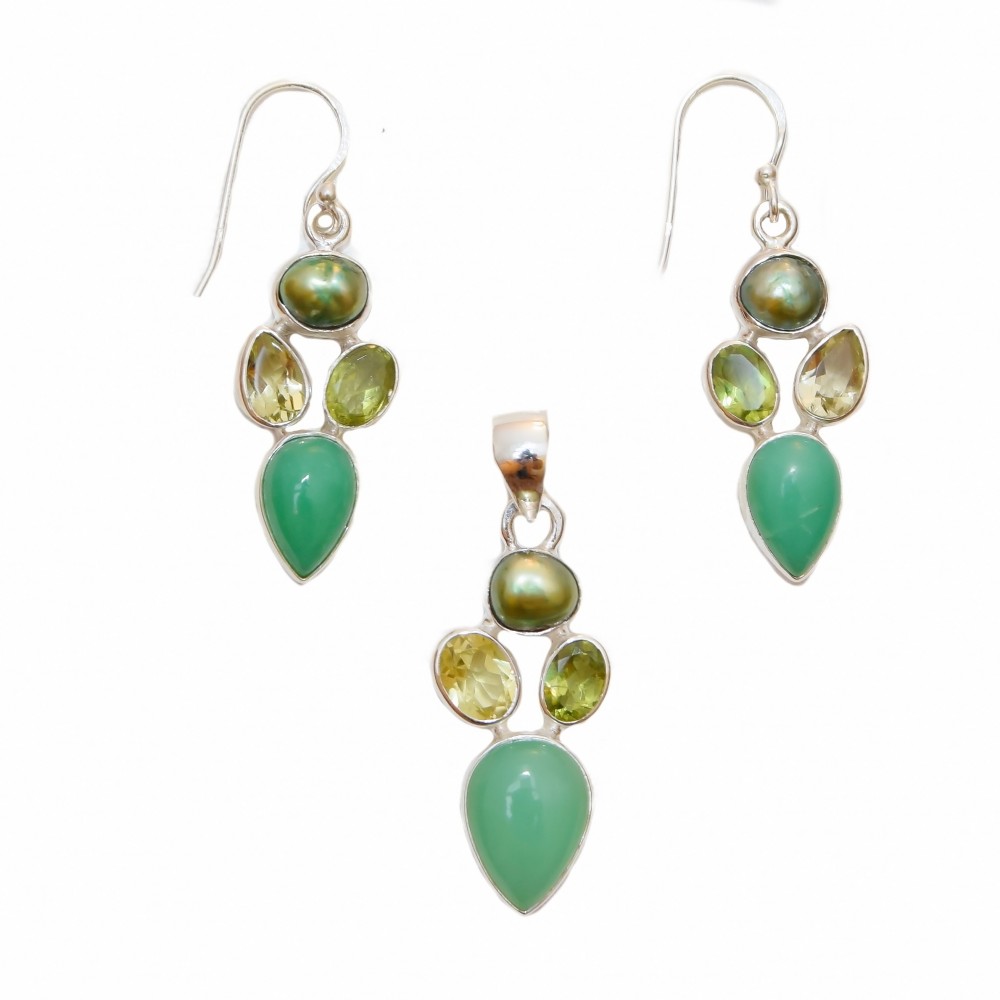 Set Argint Jad Verde, Citrin, Peridot și Perla Demmylia