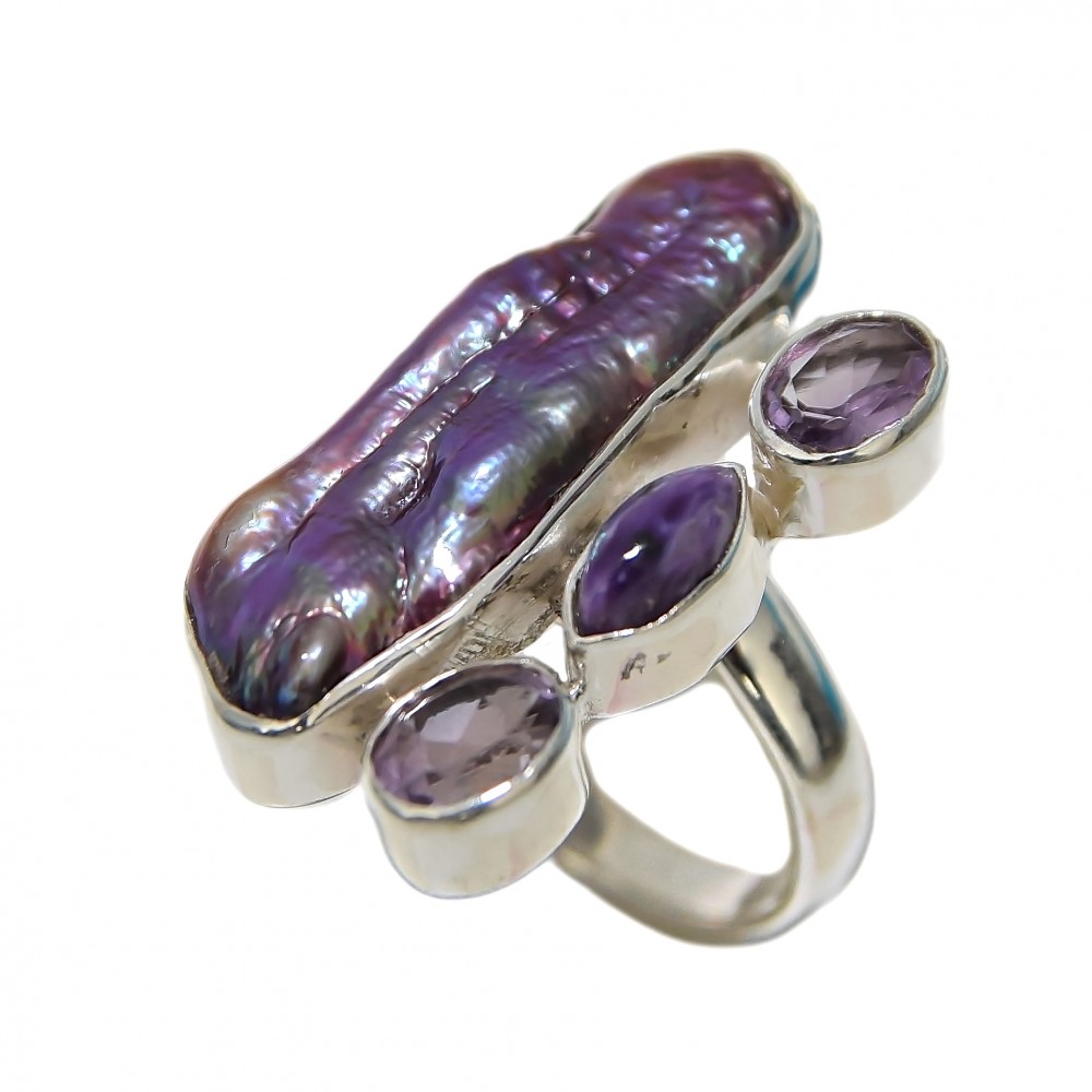 Inel Argint Perla Baroca cu Reflexii Violet si Ametist 