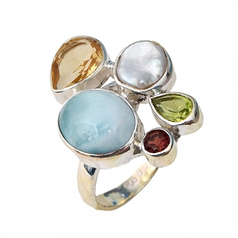 Inel Argint Larimar, Citrin, Perlă Barocă, Peridot și Granat Coby