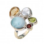 Inel Argint Larimar, Citrin, Perlă Barocă, Peridot și Granat Coby