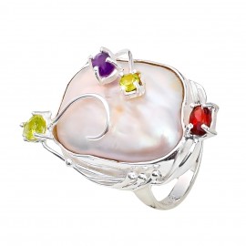 Inel Argint Perlă Barocă, Peridot, Ametist și Granat Kira