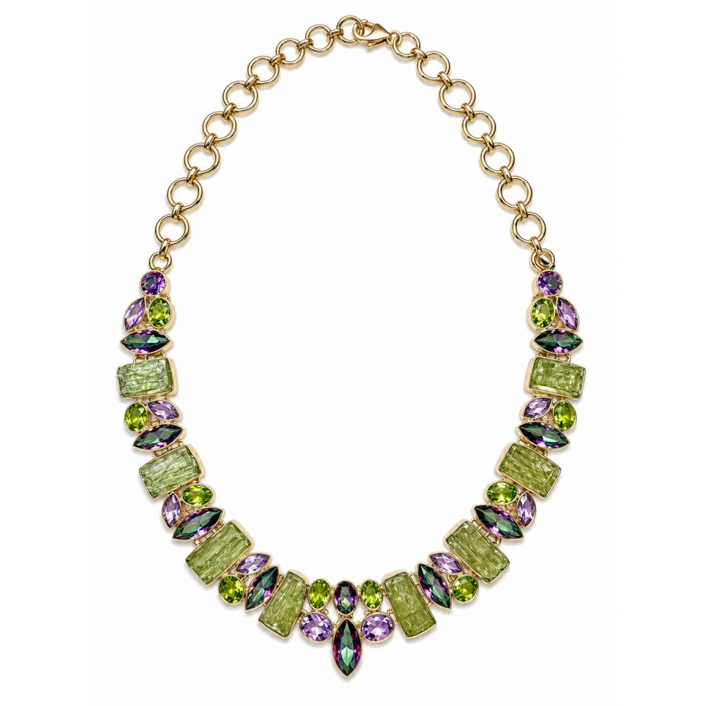 Colier Argint cu Peridot Brut, Peridot Fațetat, Topaz Misctic și Ametist Selly