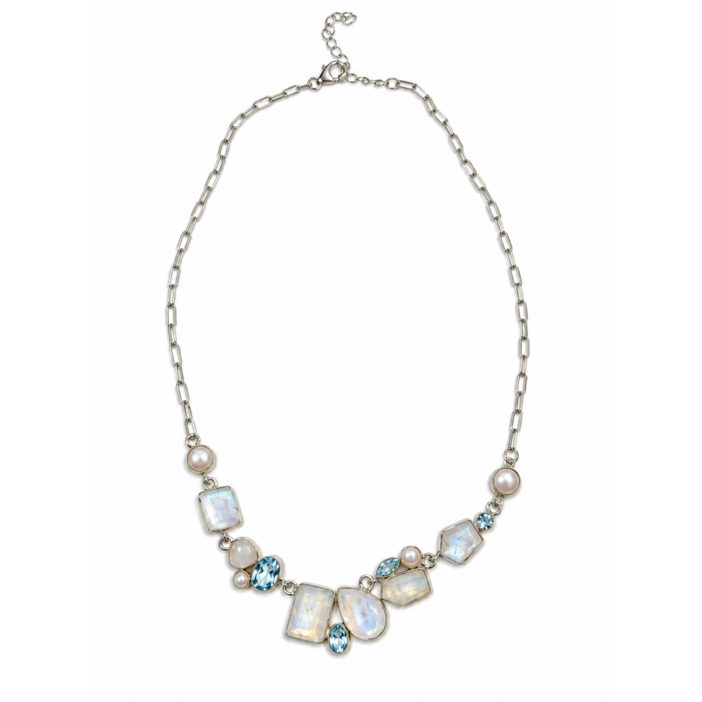 Colier Argint cu Piatra Lunii, Perlă și Blue Topaz Skyler