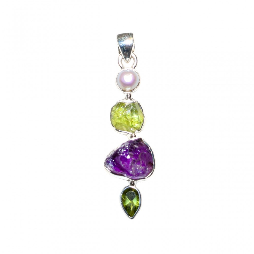Pandantiv Argint Perlă, Ametist Brut și Peridot Brut Miska