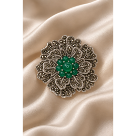 Broșă-Pandantiv din Argint cu Marcasite și Jad Verde Romanita