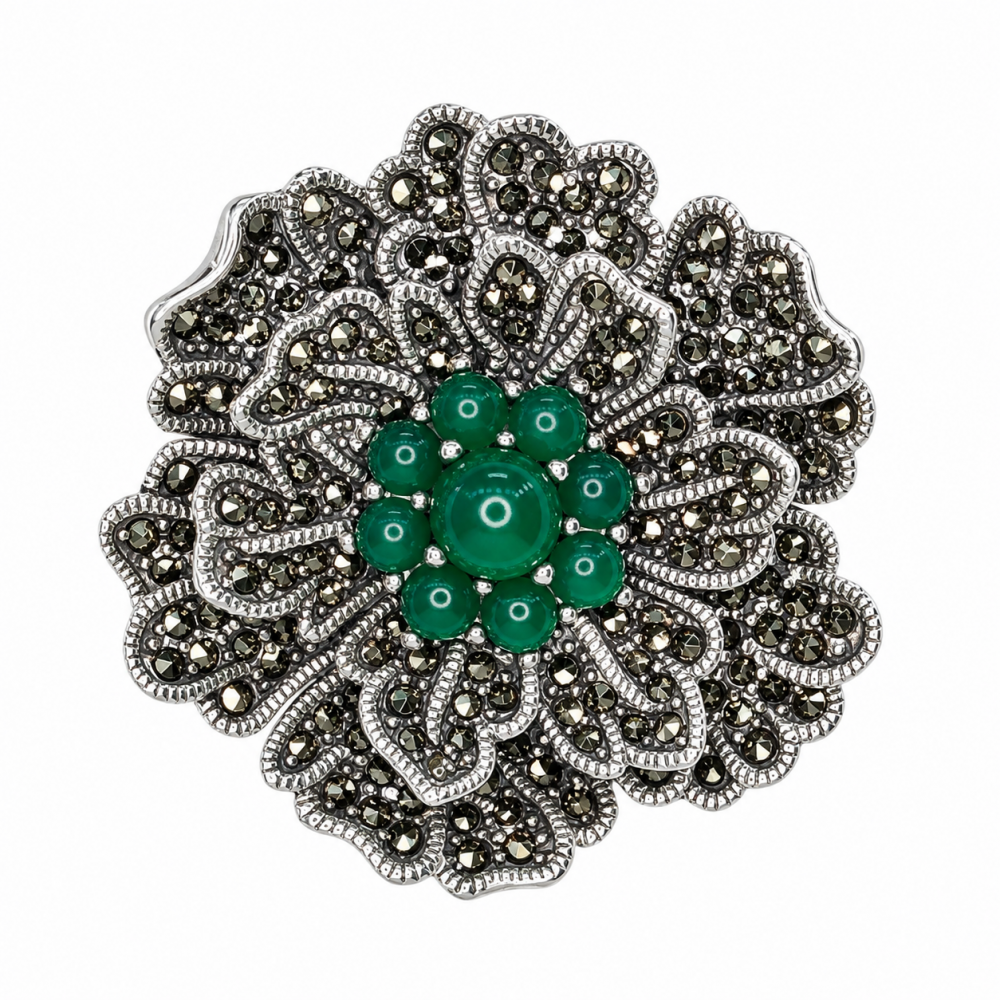 Broșă-Pandantiv din Argint cu Marcasite și Jad Verde Romanita